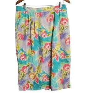 Vintage Silk Skirt Womens Size 14  Blue Pink Midi Cottage Coquette 80s Glam Rock